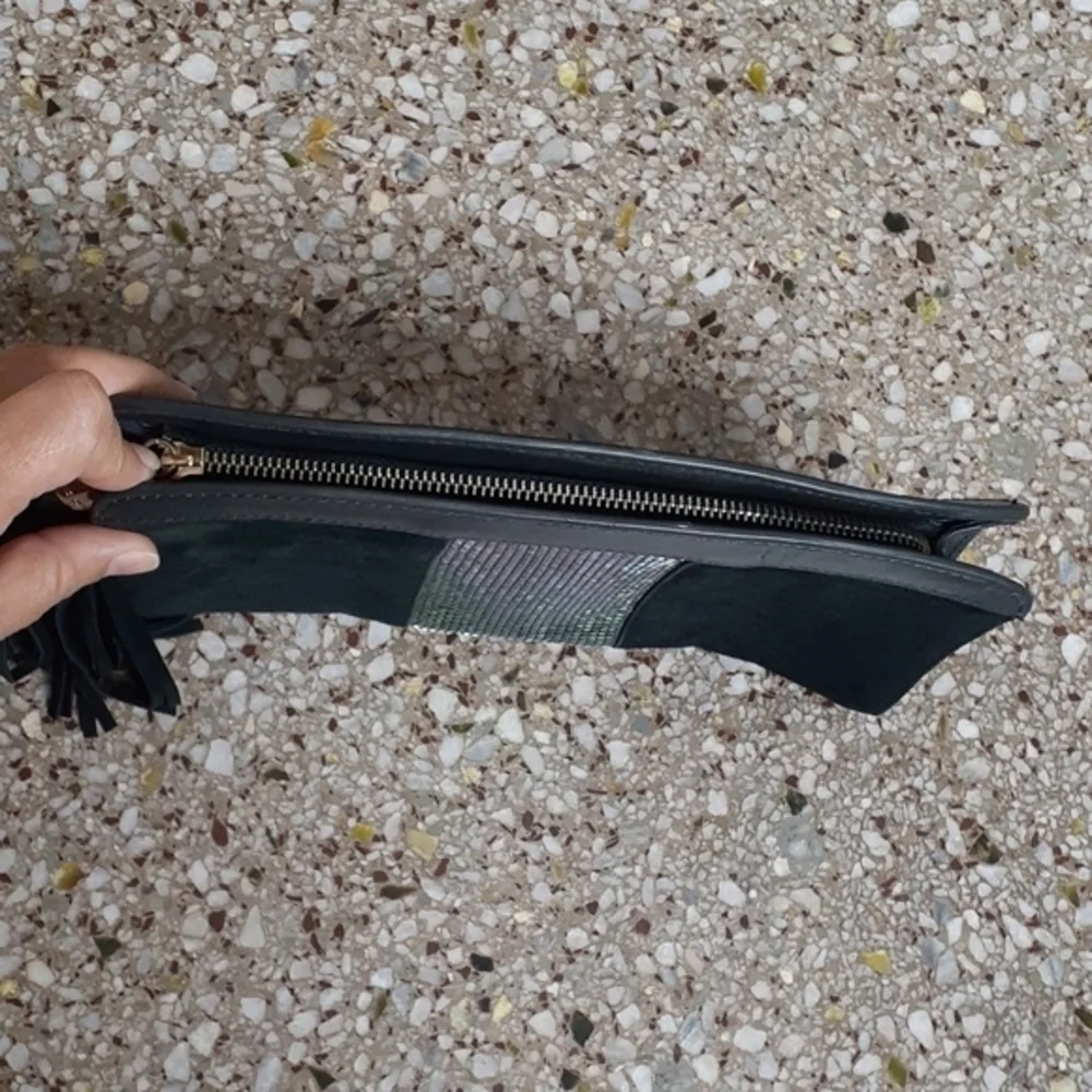 BCBG MAXAZRIA Dark Green Suede Leather & Metal Clutch w Fringe Tassel Accent